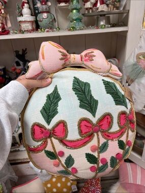 Creative Co-Op Pink and Green Holiday Bow Round Accent Pillow